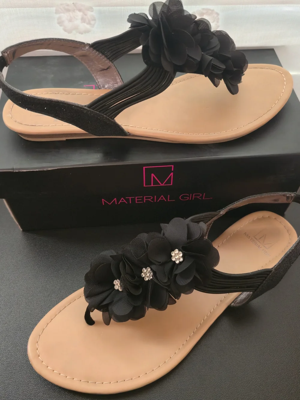 Material Girl Black Floral T-Strap Slingback Sandals